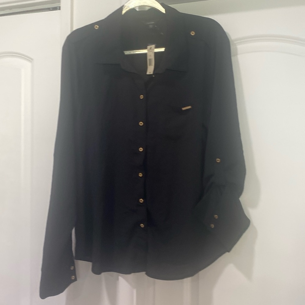 🆕Women’s Jet Black Sheer blouse with GOLD buttons. Size XL. NWT